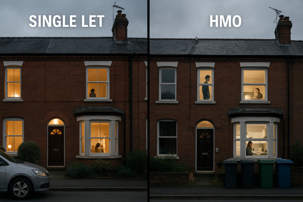 HMO rental income comparison showing 50-70% higher returns than single-let properties