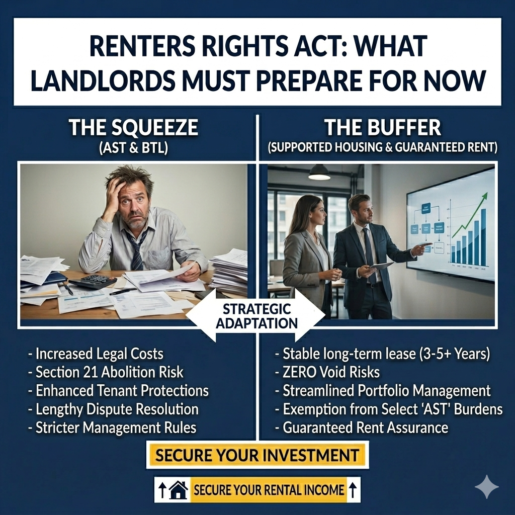 Landlord preparing for renters rights act compliance and reviewing property regulations for risk management