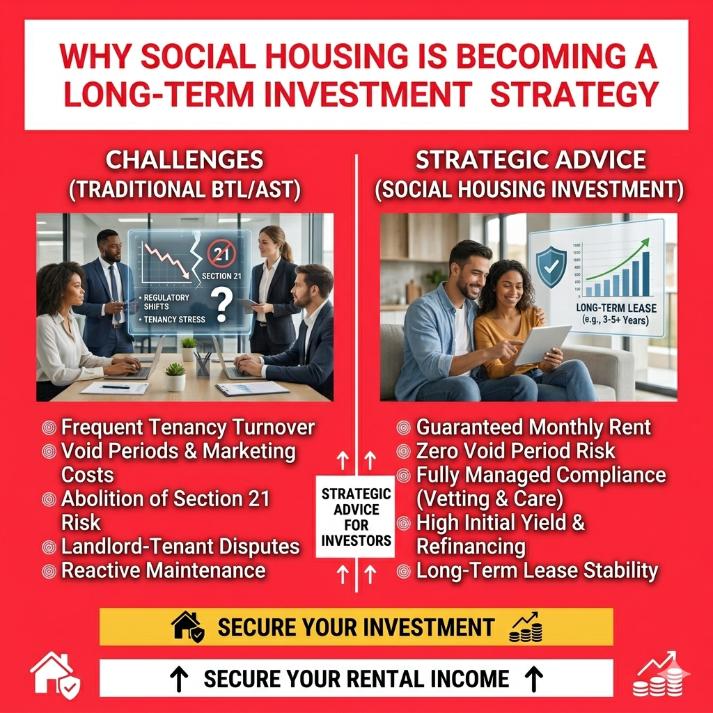 Landlord planning long-term investment strategy using social housing for stable rental income