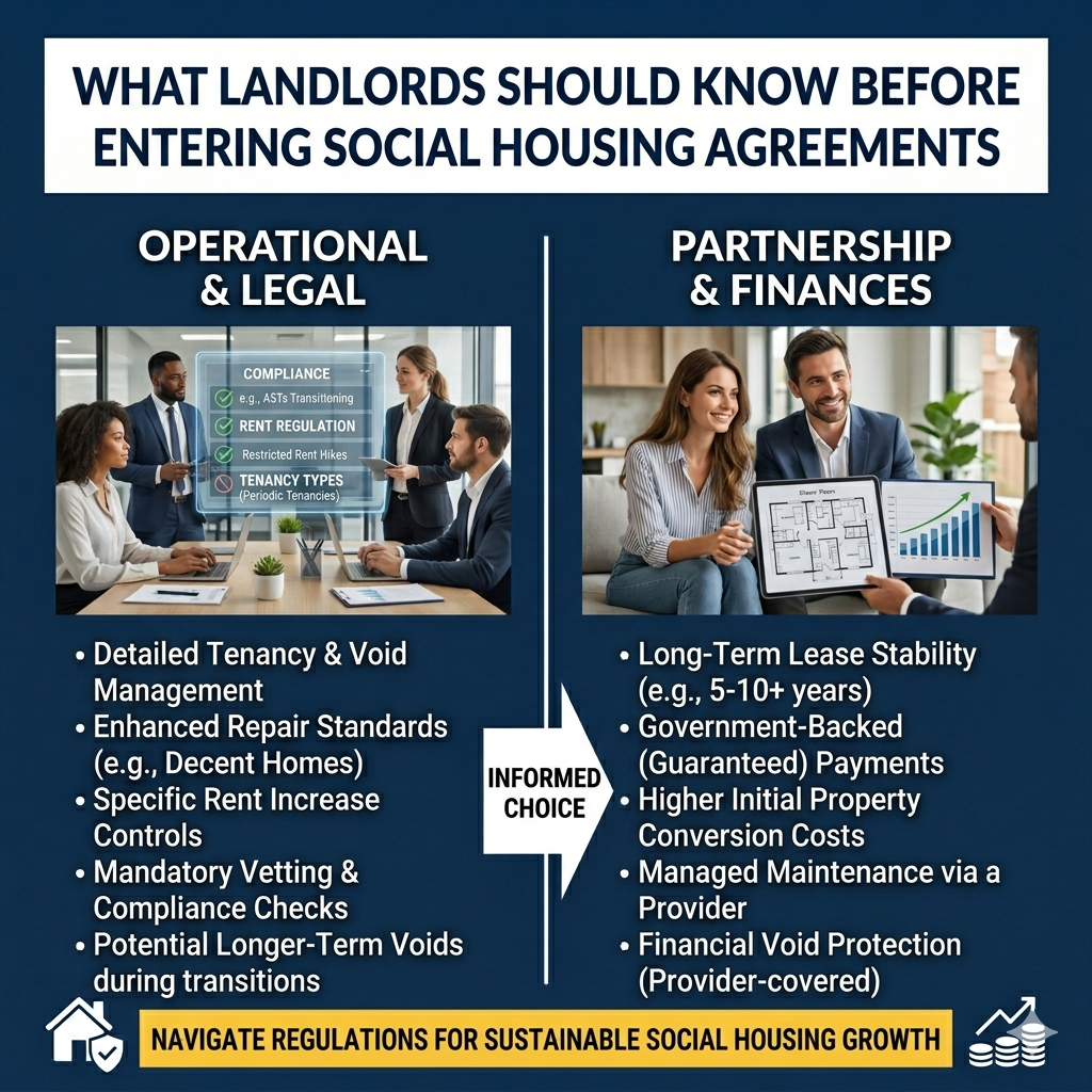 Landlord reviewing social housing agreement terms for secure long-term rental income