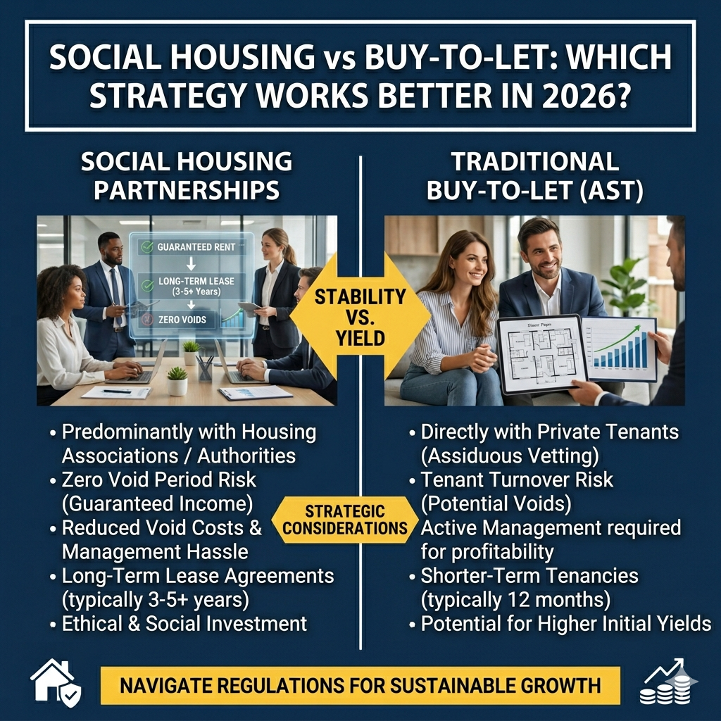 Comparison of social housing and buy-to-let strategies for landlord income and long-term stability