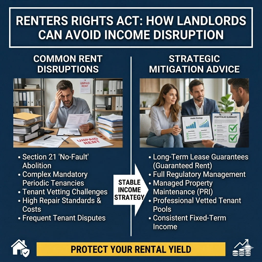 Landlord planning strategy to avoid income disruption under renters rights act with stable rental income model