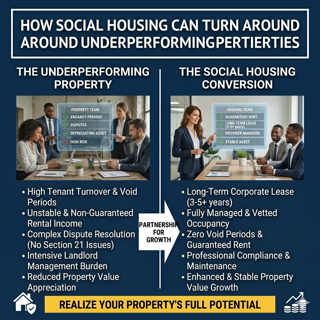 Underperforming rental property improved through social housing for stable long-term income