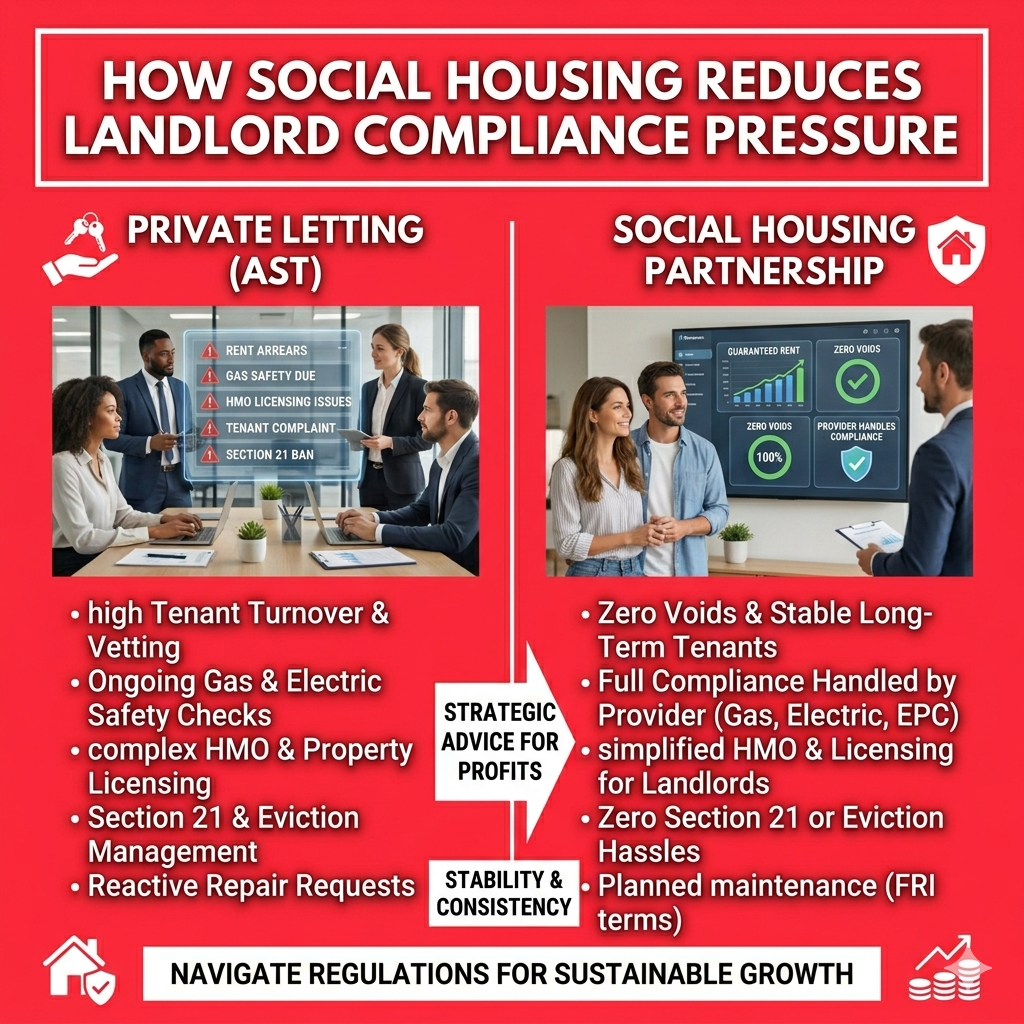 Landlord reviewing property compliance requirements and choosing social housing for reduced regulatory pressure