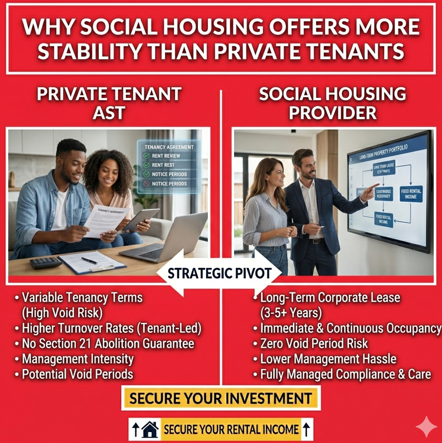 Landlord choosing social housing over private tenants for stable long-term rental income