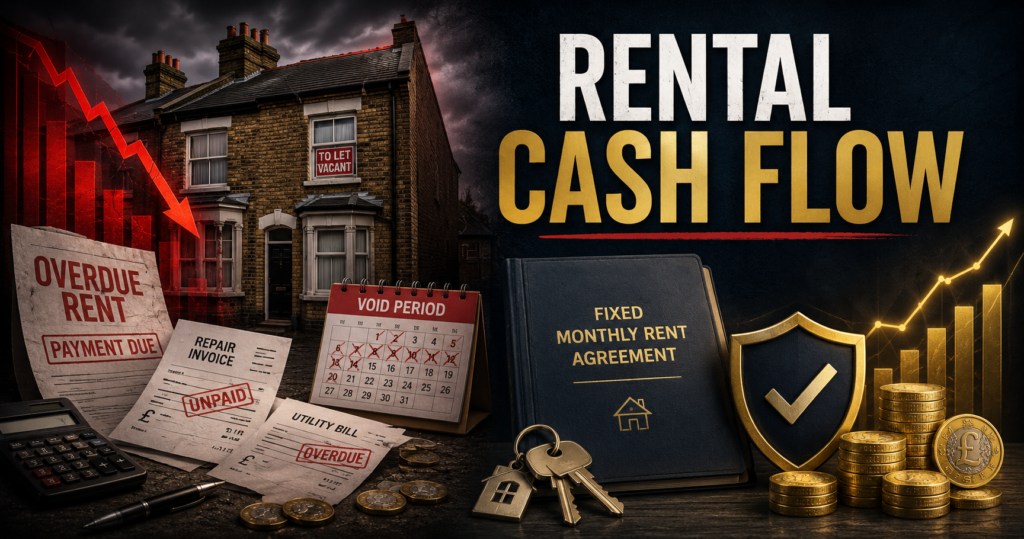 Landlord reviewing rental cash flow and property income figures